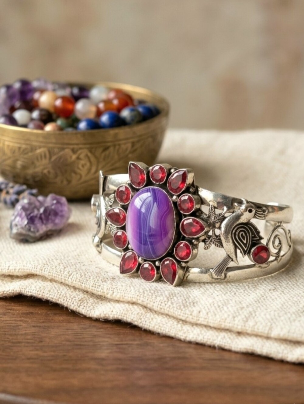 925 Sterling Silver Genuine Garnet and Purple Agate Cuff Bracelet Bohemian 41g